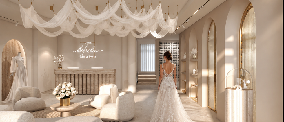Bridal Store Design in Ludwigsfelde: Empfang und Beratungslounge mit hellen Sesseln, Braut und geschwungener textiler Decke.