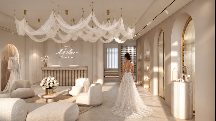 Bridal Store Design in Ludwigsfelde: Empfang und Beratungslounge mit hellen Sesseln, Braut und geschwungener textiler Decke. | EN: Bridal store design in Ludwigsfelde: reception lounge with pale armchairs, a bride and a flowing textile ceiling.