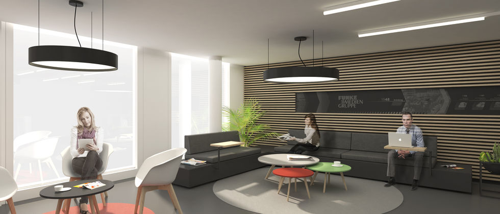 Funke Medien Gruppe- Empfang: Entwurf einer Lounge mit dunklem Sofa, runden Tischen, Pflanzen und schwarzen Ringleuchten vor einer Lamellenwand.