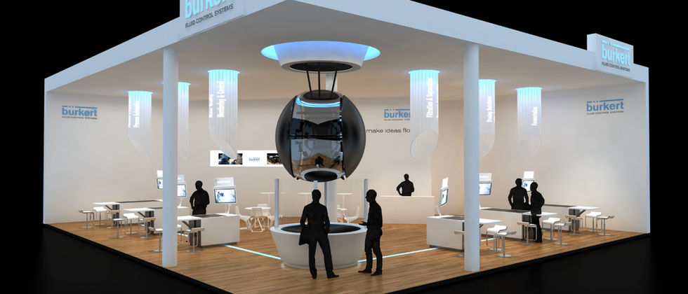 Bürkert Messestand : Entwurf des weißen Messestands mit umlaufendem Dach, zentraler Kapsel und offenen Produktstationen.