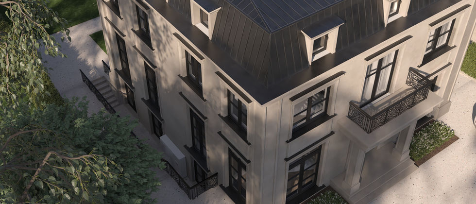 Luxus Haus Orc : Vogelperspektive auf das Mansarddach, die Gauben und die Seitenfassaden der Villa.
