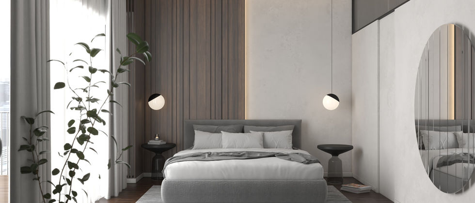 Penthouse Berlin Mitte: Schlafzimmer mit gepolstertem Bett, Holzlamellen, Pendelleuchten und rundem Wandspiegel.