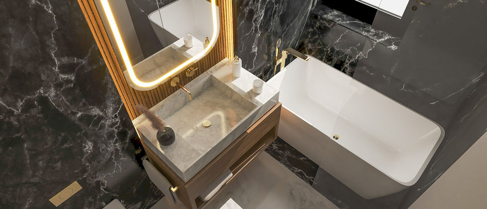 Haus In Lichtenrade: Erhöhte Ansicht des Badezimmers mit schwarzer Marmoroptik, goldfarbenen Armaturen und weißer Badewanne.