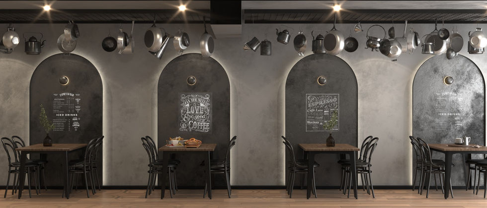 Mustache Restaurant : Frontaler Entwurf der dunklen Bogennischen mit Menüschrift, kleinen Tischen und Deckendekoration.