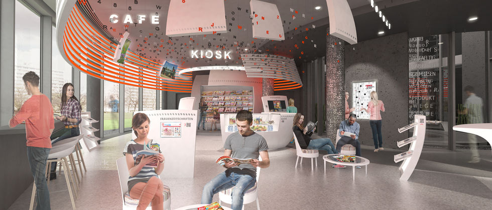 Funke Medien Gruppe- Kiosk: Innenraumvisualisierung mit Besucherplätzen, geschwungenen weißen Theken und abgehängten typografischen Elementen.