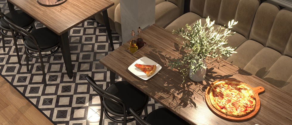 Mustache Restaurant : Restaurantentwurf mit gedeckten Holztischen, Sitzbank und schwarz-weißem geometrischem Fliesenboden.
