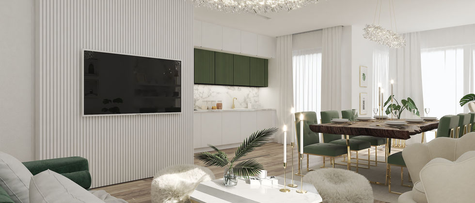 Haus In Lichtenrade: Rendering mit TV-Wand, grünem Sofa, weißem Couchtisch und Essplatz vor der Küchenzeile.