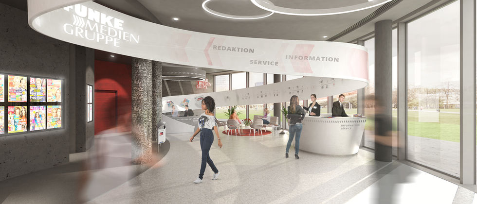 Funke Medien Gruppe- Kiosk: Visualisierung einer geschwungenen weißen Servicetheke, einer Bildschirmwand und umlaufender Beschilderung.