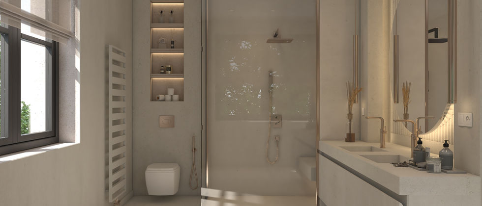 Luxus Haus Orc : Tageslichtbad mit bodengleicher Dusche, rundem Spiegel, hellem Waschtisch und beleuchteter Nische.