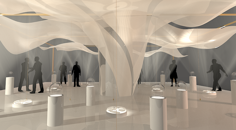 Omega - Her Time: Detailvisualisierung runder weißer Ausstellungssockel unter einem baumartig verzweigten, transluzenten Textilhimmel.
