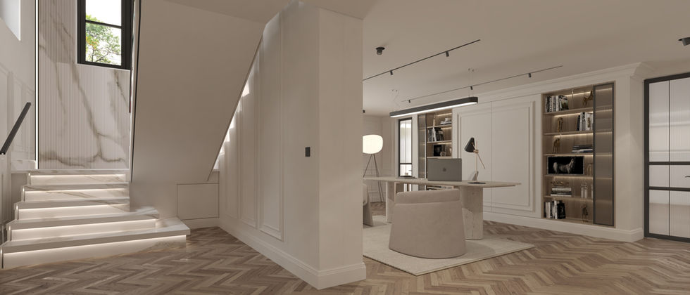 Luxus Haus Orc : Blick aus dem Flur auf die beleuchtete Treppe, Kücheninsel und offene Wohnbereiche.