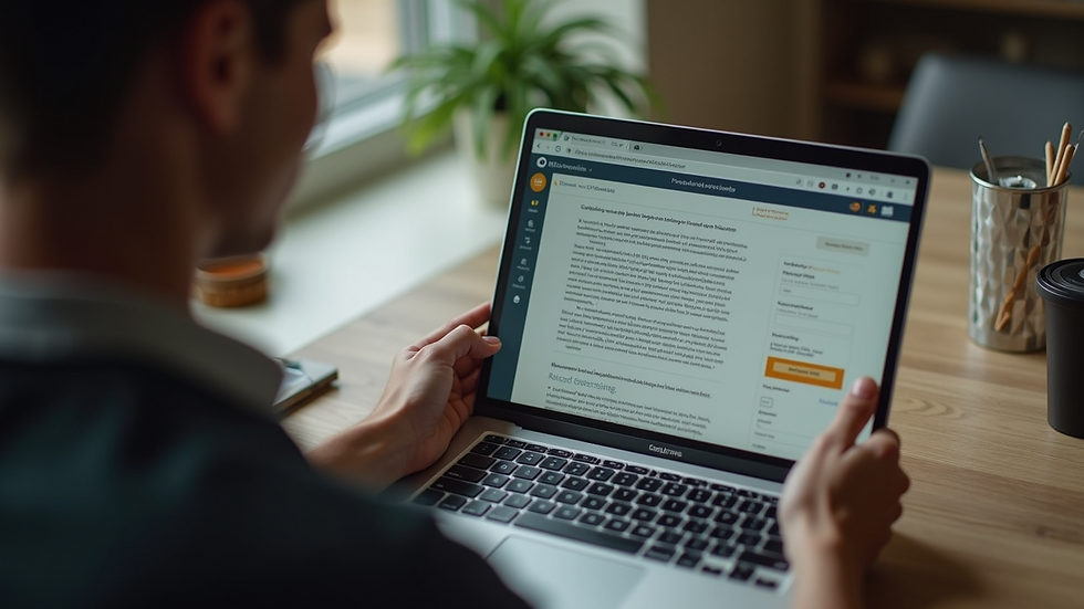High angle view of a person reading content on a laptop