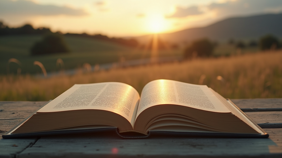 Close-up view of an open book with a beautiful landscape photo