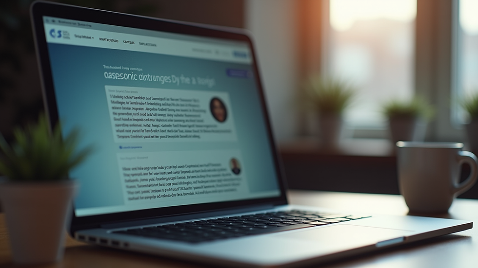 Eye-level view of a laptop screen showing customer testimonials on a website