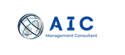 Logo for “AIC Management Consultant,” featuring a stylized globe with intersecting blue and teal orbit-like lines on the left