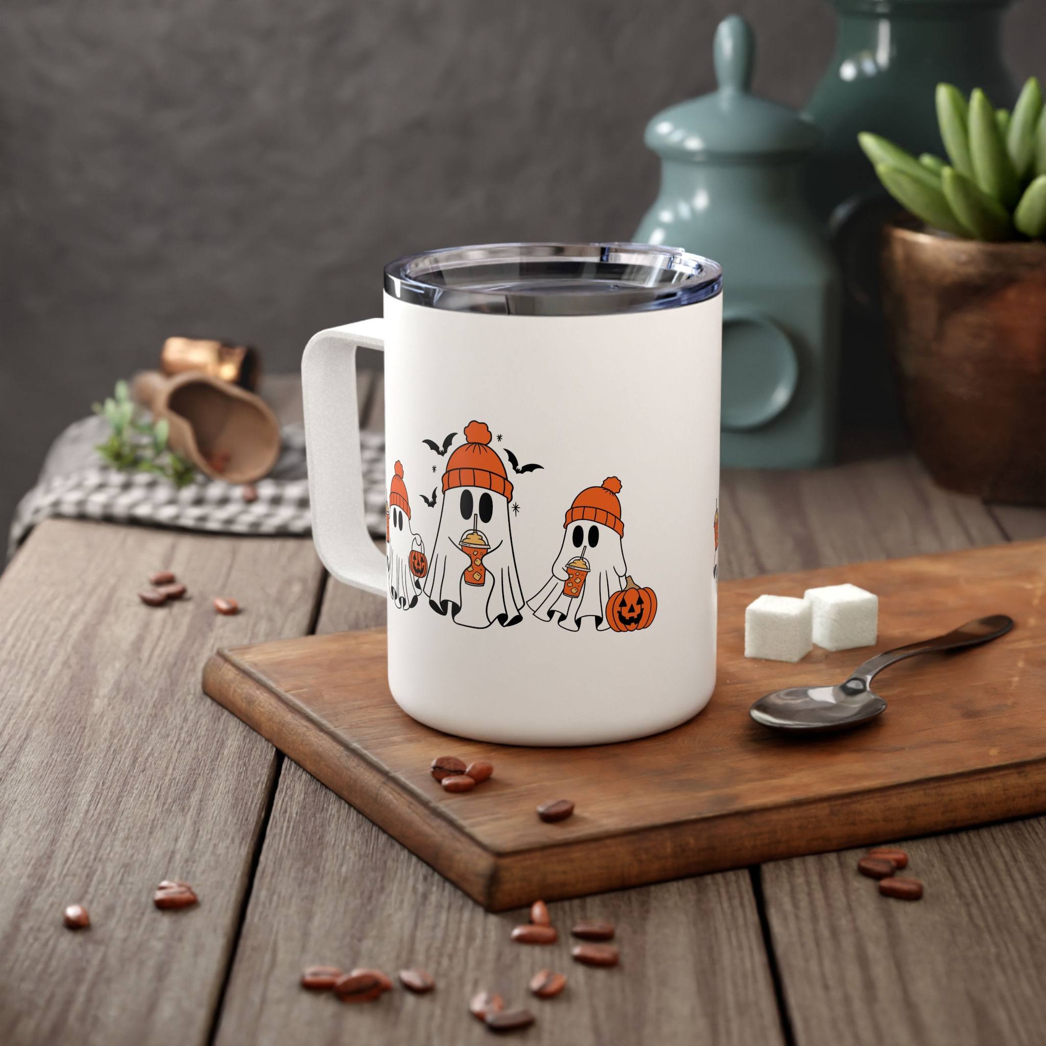 Festive Fall Cute Ghosts Insulated Coffee Mug, 10oz - Perfect for Coffee Lovers