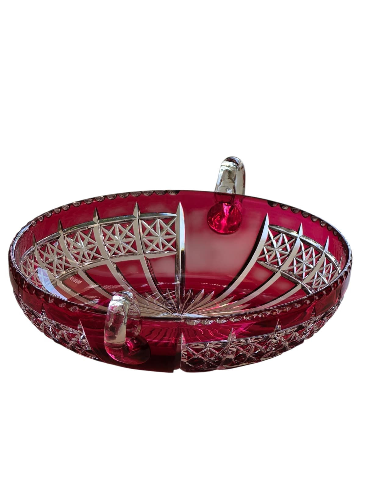 קערת קריסטל Art Deco בגוון רובי, Ruby Overlay בחיתוך ידני, אירופה