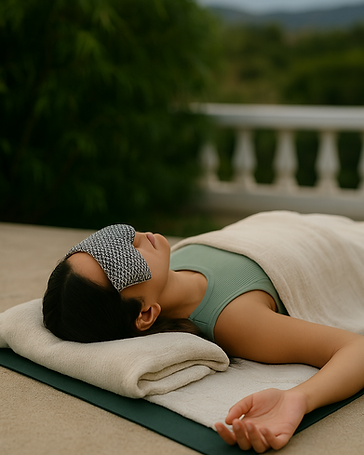 Femme allongée sur un tapis en extérieur, un masque sur les yeux et une couverture sur le corps, pendant une séance de breathwork