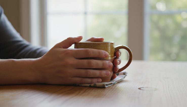 Close-up view of two hands holding a warm mug across a kitchen table