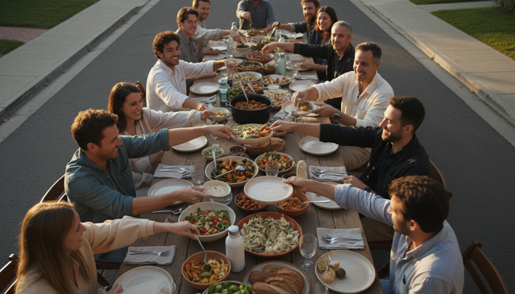 Overhead view of a shared meal being served at a long neighborhood table