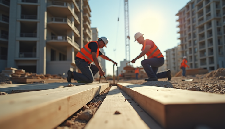 Eye-level view of a construction site with workers measuring materials
