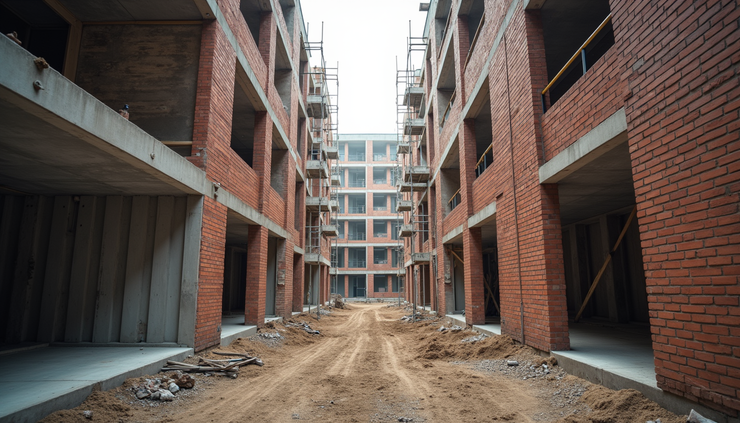 Eye-level view of a partially constructed G+1 residential building showing brick walls and scaffolding