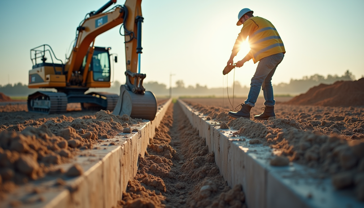 Eye-level view of construction site with workers and machinery preparing foundation
