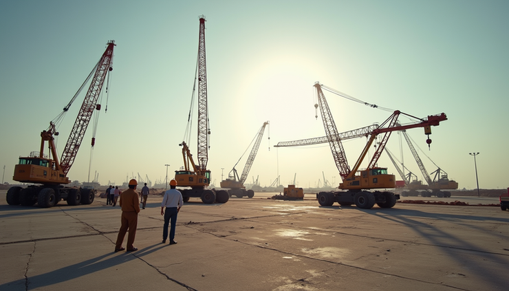 Eye-level view of a construction site in the Gulf with cranes and workers coordinating tasks