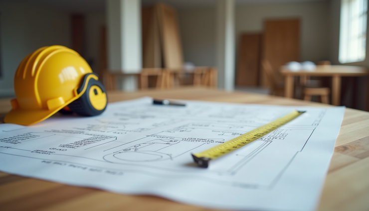 Eye-level view of a construction site measuring tape and blueprint on a wooden table
