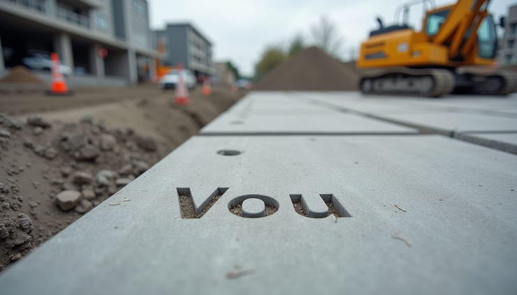Eye-level view of concrete foundation with volume markings