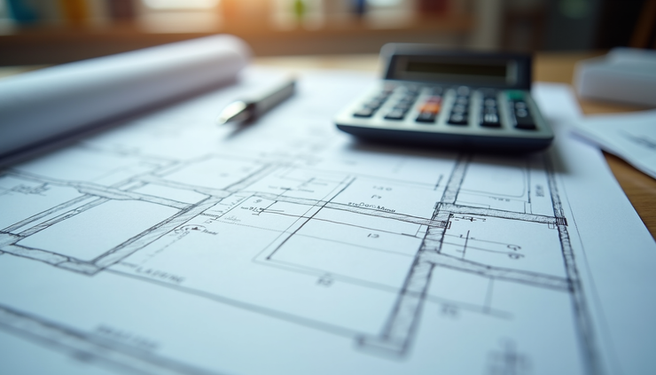 Eye-level view of a construction blueprint with a calculator and pen