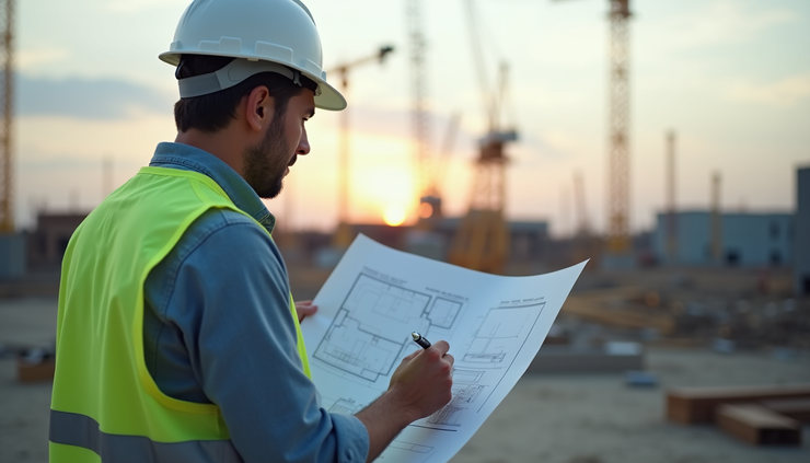 Eye-level view of a construction site with an engineer reviewing blueprints