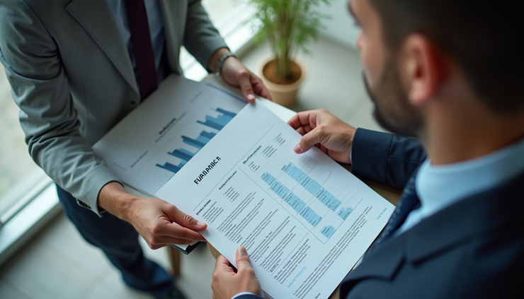 High angle view of an engineer discussing cost estimates with a project manager