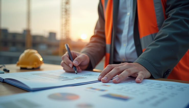 Eye-level view of a construction site with cost estimation documents and a calculator