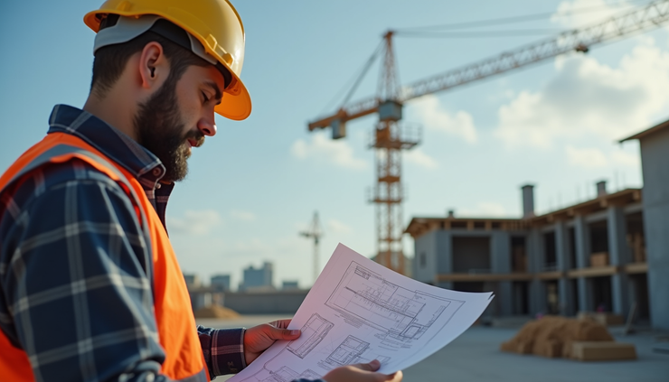 Eye-level view of a construction site with a freelance engineer reviewing blueprints