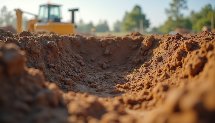 Eye-level view of a construction site showing soil layers and foundation work