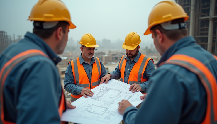 Eye-level view of a construction site with workers reviewing blueprints