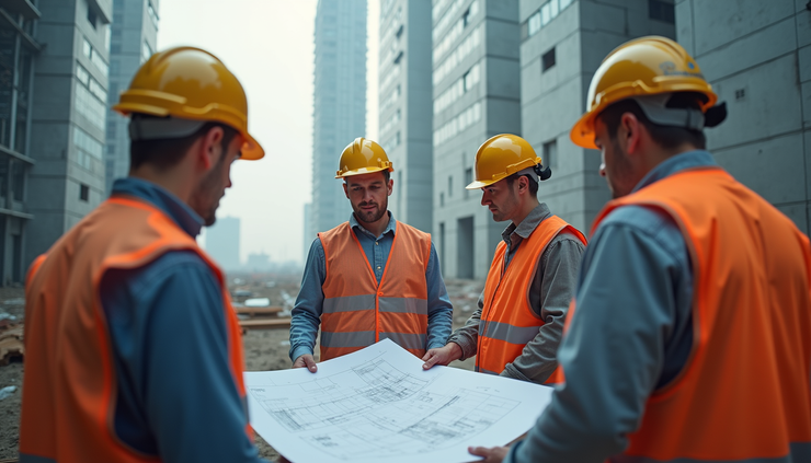 Eye-level view of a construction site with workers reviewing blueprints and documents