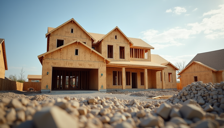 Eye-level view of a suburban house under construction with visible framing and roofing