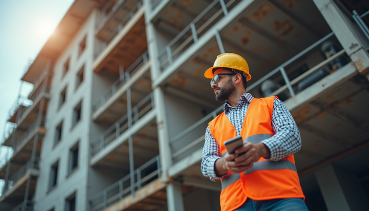 Eye-level view of a construction worker wearing a hard hat and safety vest inspecting scaffolding