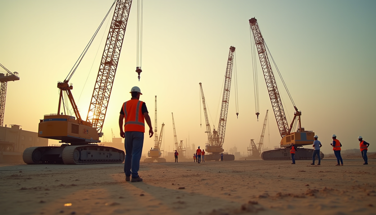 Eye-level view of a large construction site in the Gulf region with cranes and workers coordinating tasks