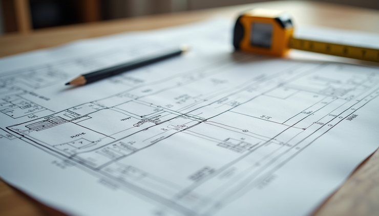 Eye-level view of a construction blueprint with measurement tools on a wooden table