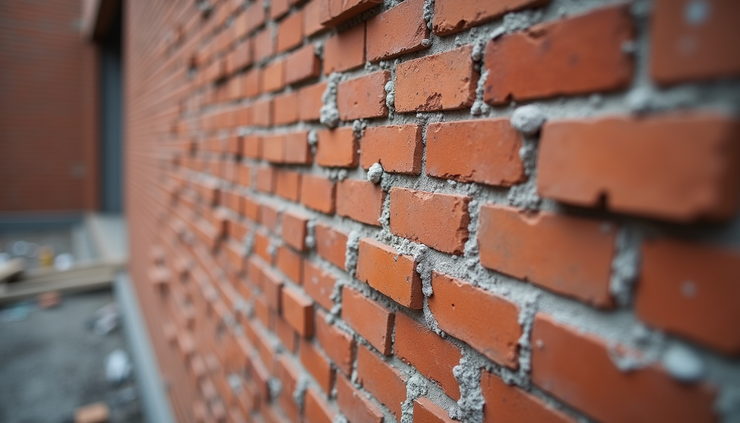 Eye-level view of a brick wall under construction showing rows of bricks and mortar joints