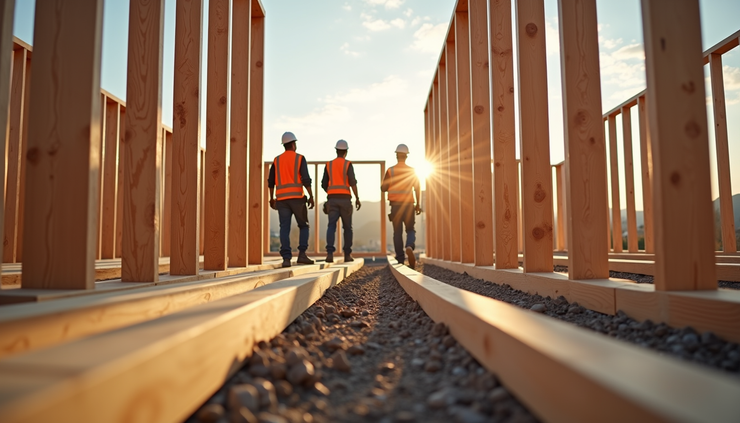 Eye-level view of construction site with workers installing wooden framing