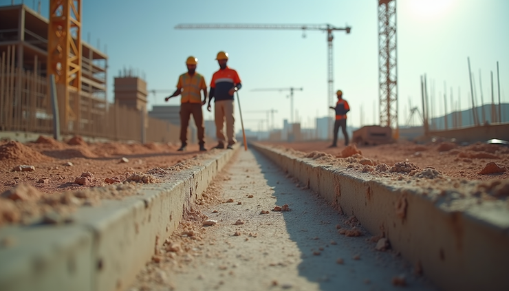 Eye-level view of construction site with workers inspecting concrete foundation