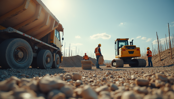 Eye-level view of a construction site with workers and machinery organizing materials
