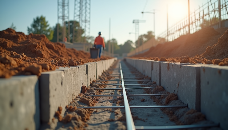 Eye-level view of a construction site showing foundation work with steel reinforcements