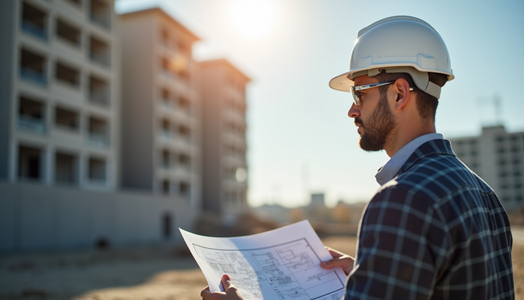 Eye-level view of a civil engineer reviewing construction plans on a site
