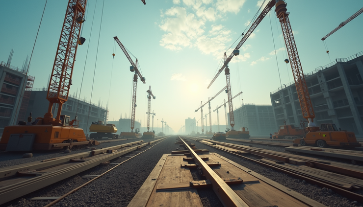 Eye-level view of a construction site with cranes and workers coordinating tasks