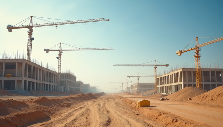 Eye-level view of a construction site in the Gulf region showing cranes and building structures